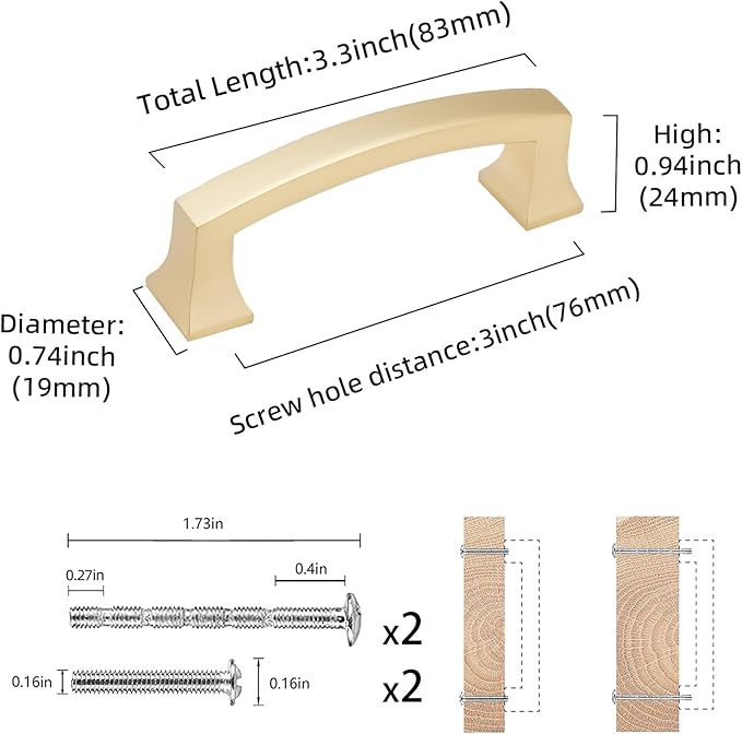 COTYKILEY 10 Pack 3 Inch(76mm) Brushed Brass Cabinet Handles Gold Kitchen Cabinet Pulls Cabinet Door Handles Kitchen Cabinet Hardware Cupboard Drawer Pulls Dresser Handles