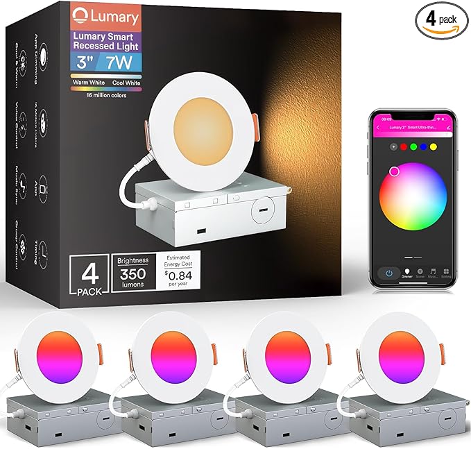 Lumary 3 Inch Smart LED Recessed Light, Color Changing Wafer WiFi Ceiling Downlight, Canless w/J-Box, Compatible with Alexa/Google/Remote-Not Included, 7W 350Lm, 4 Pack
