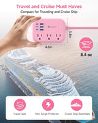 6 USB(3 USB C) Pink Power Strip- 5Ft Pink Extension Cord with 6 USB Charging Station 24W/4.8A and 3 Outlets, Pink Desk Accessories for Cruise Travel Pink Cute Kawaii College Dorm Desk Home Essentials