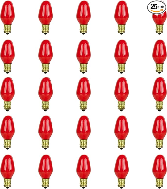 Sunlite 01275 7C7 Incandescent Bulb, 7 Watt, Candelabra E12 Base, C7 Small Night Light, Colored Bulb, Red, 25 Count