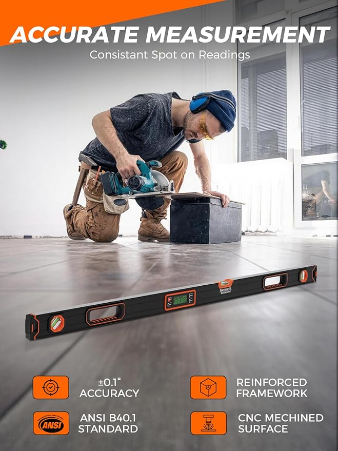 Mecurate 48-Inch Digital Level, Professional Smart Precision Torpedo Level Tool, Bright LCD Display, Audible Alerts, Magnetic Bottom, Dust Water Resistant, with Carrying Case