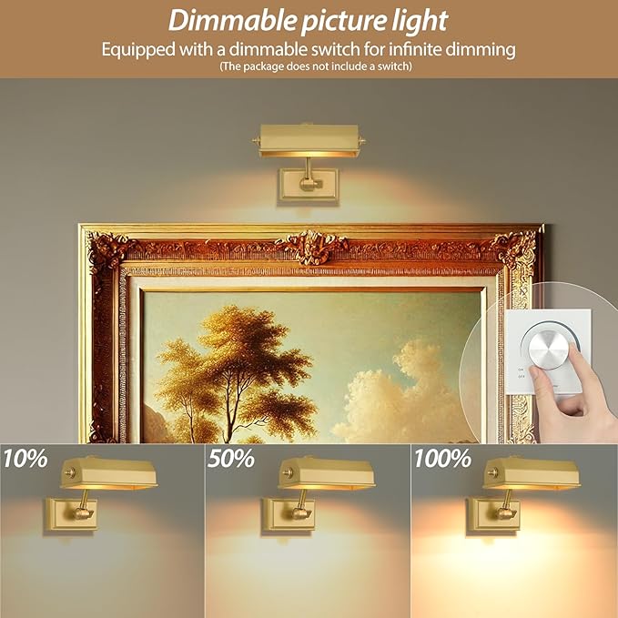 Picture Lights for Wall Hardwired, 8" Brass Picture Light, Brush Gold Art Light, 2700k Dimmable Gallery Lights, Vintage Wall Picture Light Painting Light for Artwork Poster Portrait Display