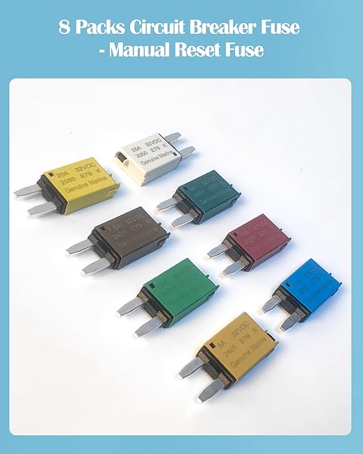 ATM Manual Resettable Fuse Low Profile Mini Blade Fuses 5A 6A 7.5A 10A 15A 20A 25A 30A Amp Automotive Circuit Breaker Fuses Reset Fuses Assortment Kit Boat Marine RV Car Truc DC 12V 28 Volts