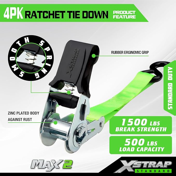 XSTRAP STANDARD Ratchet Tie Down Straps 4 Pk 15Ft- 500 Lbs Load Cap- 1500 Lb Break Strength-Cargo Straps for Moving Appliances, Lawn Equipment, Motorcycle
