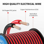 NAOEVO 14 Gauge Wire 100FT, 2 Conductors Electrical Wire Red Black Cable, Flexible/Low Voltage/PVC 14 AWG Copper Clad Aluminum Extension Cord for Speaker, LED Strips, Automotive 12V/24V DC
