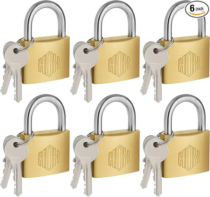 HOX Solid Brass Keyed Different Padlock with 1-9/16-Inch Wide Body, Brass Cylinder - for Hasp Latch, Sheds, Fences, Storage Locker, 6-Pack