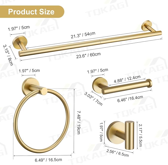 TQKAG 5 Piece Bathroom Accessories Set Brushed Gold Bathroom Hardware Set 23.6 Inch Bath Towel Bar Set SUS304 Stainless Steel Towel Rack Set
