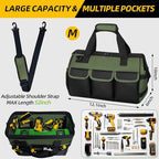 Tool Bag, Portable Tool Box Organizer Adjustable Shoulder Strap, Carry Tool Tote Heavy Duty Tool Storage Bag With Wide Mouth,Tool Bags for Men Mechanic EngineerGift - M, Army Green & Black