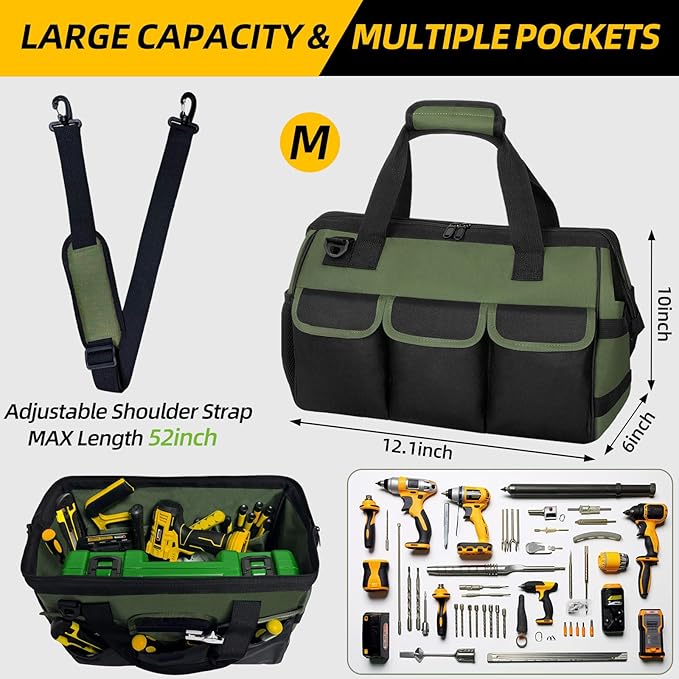 Tool Bag, Portable Tool Box Organizer Adjustable Shoulder Strap, Carry Tool Tote Heavy Duty Tool Storage Bag With Wide Mouth,Tool Bags for Men Mechanic EngineerGift - M, Army Green & Black