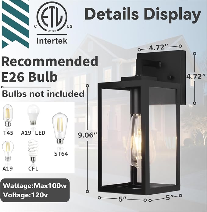 2-Pack Outdoor Wall Light Fixture with Tempered Glass, Exterior Wall Lantern with Easy-to-Clean Design, Waterproof Anti-Rust Wall Sconce for Front Porch, Black, E26 Base