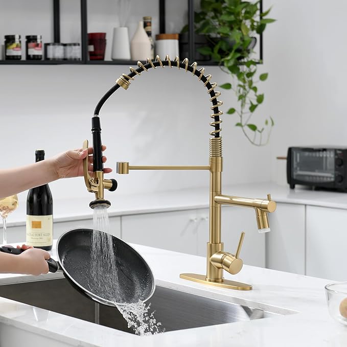 Fapully LED Kitchen Faucet with Pull Down Sprayer,Brushed Gold Commercial Kitchen Sink Faucet with Deck Plate