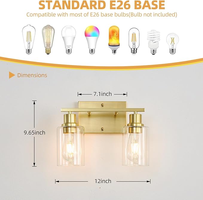 EMONG Gold Bathroom Light Fixtures, 2-Lights Brushed Brass Vanity Light with Clear Glass Shade, Modern Wall Sconces for Hallway, Farmhouse, Living Room