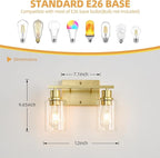 EMONG Gold Bathroom Light Fixtures, 2-Lights Brushed Brass Vanity Light with Clear Glass Shade, Modern Wall Sconces for Hallway, Farmhouse, Living Room