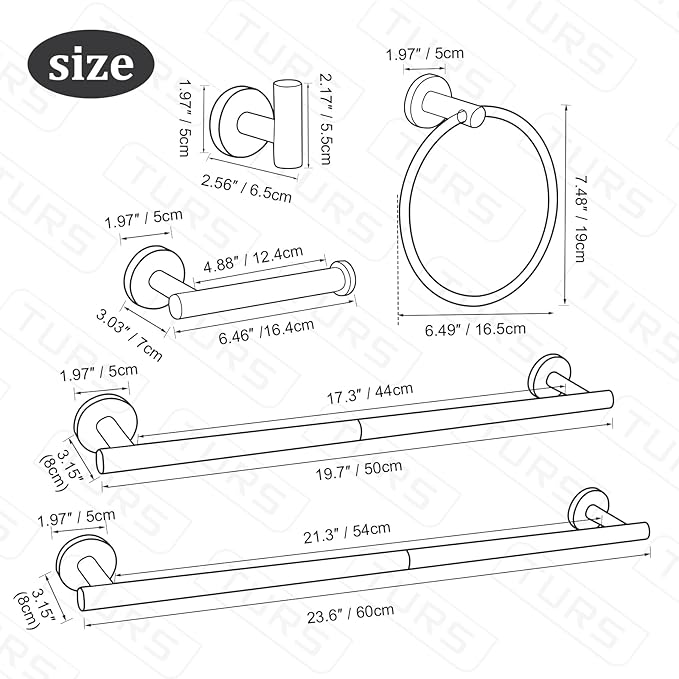 TURS Matte Black 8 Pieces Bathroom Hardware Set, SUS304 Stainless Steel 24 Inch and 20 Inch Bath Towel Bar Set, Round Bathroom Accessories Kit Wall Mounted Towel Holder