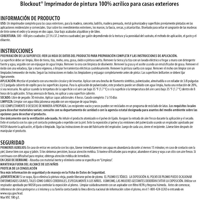 INSL-X Block Out Acrylic Exterior Wood Stain Blocking Primer, White, 1 Gallon