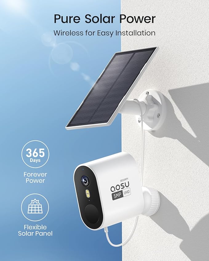 aosu 3K/5MP Solar Security Cameras Wireless Outdoor, Ultra-Wide-Angle, Cam-to-Cam Track & Sync, Home Security System with Color Night Vision, Spotlight Smart Alarm, No Subscription, 2.4 & 5GHz WiFi
