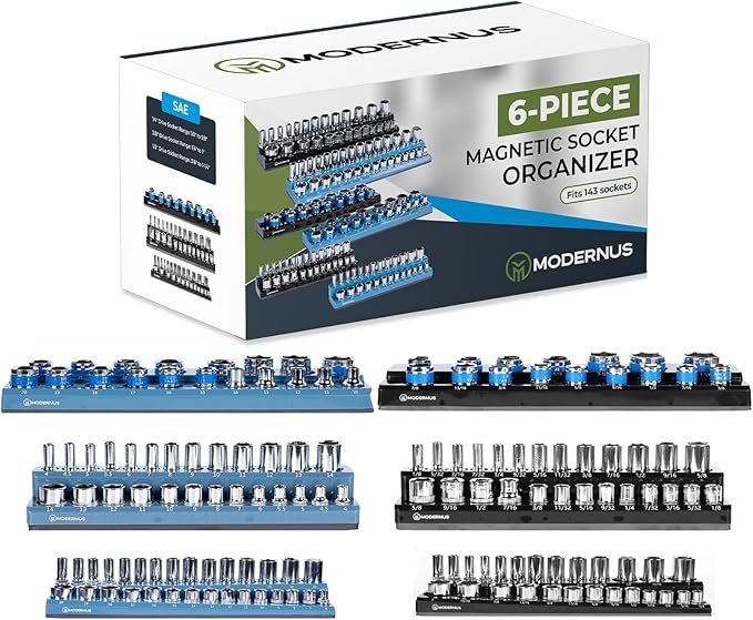 Magnetic Socket Organizer - 6-Piece Tool Storage for SAE & Metric Drive Sockets - Clear Size Markings, Deep Slots, Powerful Magnet - Holds 143 Pieces - (Sockets Not Included)