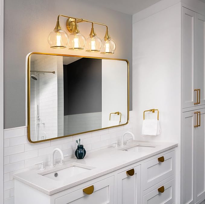 Gold Bathroom Vanity Light 4-Light Bathroom Vanity Light Fixtures Over Mirror with Clear Glass Shade 30.7 inch Wall Sconce Lighting Bath(Exclude E26 Bulb)