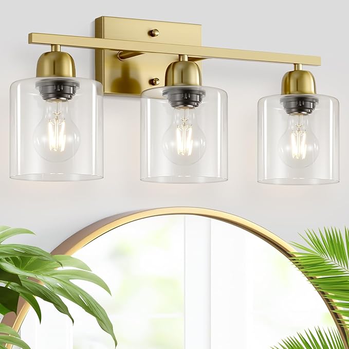 Modern Brushed Gold 3 Light Bathroom Light Fixtures, 19 inch Vanity Lights for Bathroom with Clear Glass for Mirror Kitchen Living Room Hallway Cabinet Porch