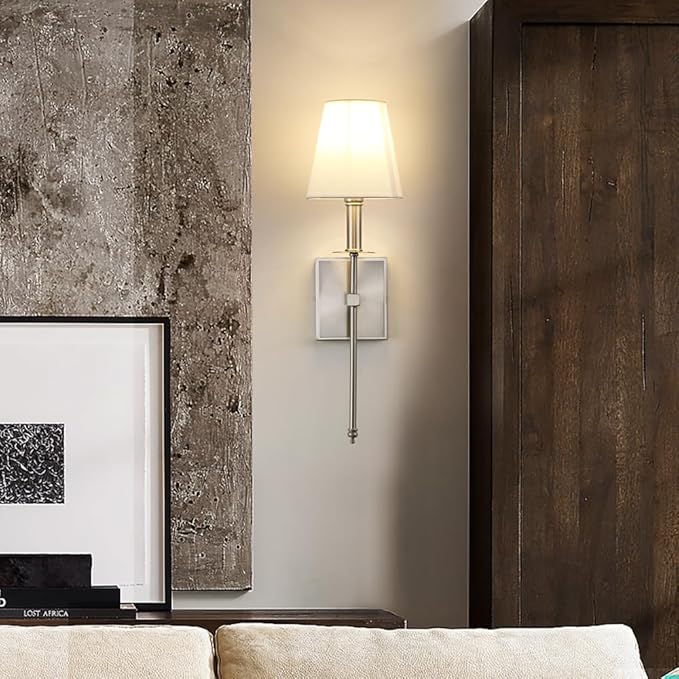 PERMO Single Classic Rustic Industrial Wall Sconce Hardwired Lighting Fixture with Flared White Textile Lamp Shade and Brushed Nickel Tapered Column Stand,Hardwired E26 Base