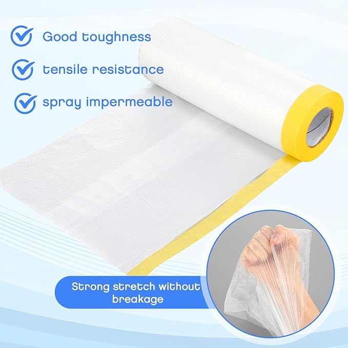 Seajan 18 Roll Painters Plastic with Tape Pre Taped Masking Film for Painting Automotive Paint Adhesive Protective Film Masking Tape Roll Plastic Painting Covering (White,5 x 65 Ft)