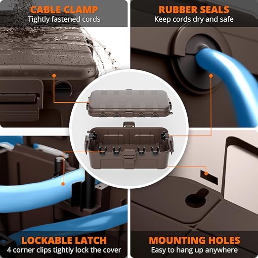 QUOBAS 2 Pack Outdoor Waterproof Electrical Box with 6 Cable Ports, IP54 Weatherproof Heavy-Duty Extension Cord Cover for Power Strips, Garden Power Tools, Holiday Lights, Brown