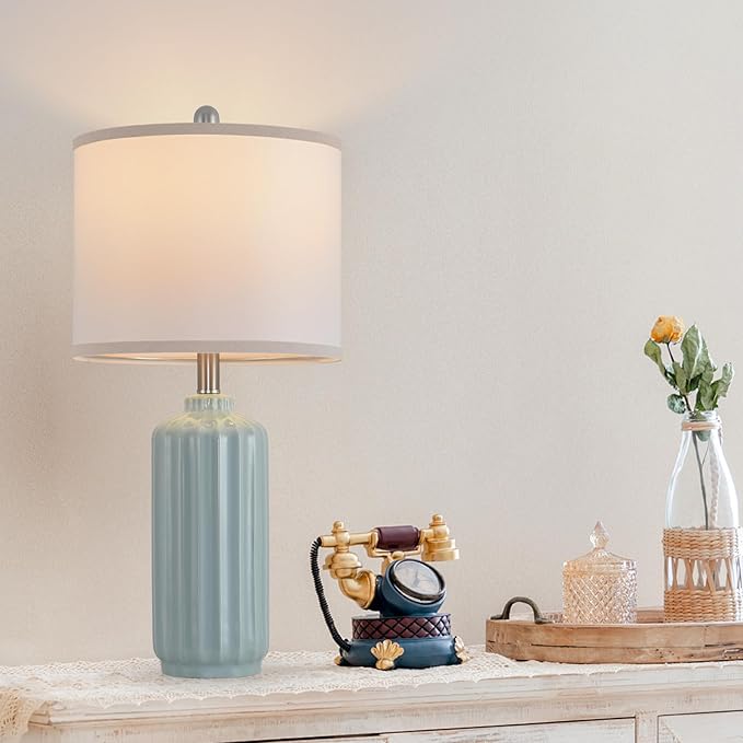 Lamp for Living Room Bedroom Lamps Farmhouse Table Lamps Set of 2 Vertical Stripe Ceramic Table Lamp,Linen Shade with Bulb, 25 in High,Light Blue