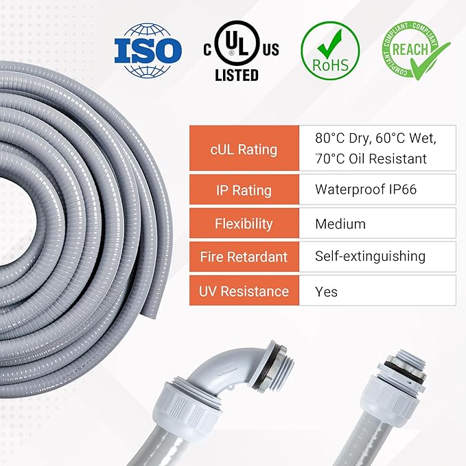 Liquid-Tight Conduit 1-1/2 inch 25ft, Electrical Conduit w/UL Certification, Flexible Conduit with 5 Straight and 5 90-Degree Conduit Connector Fittings Gray