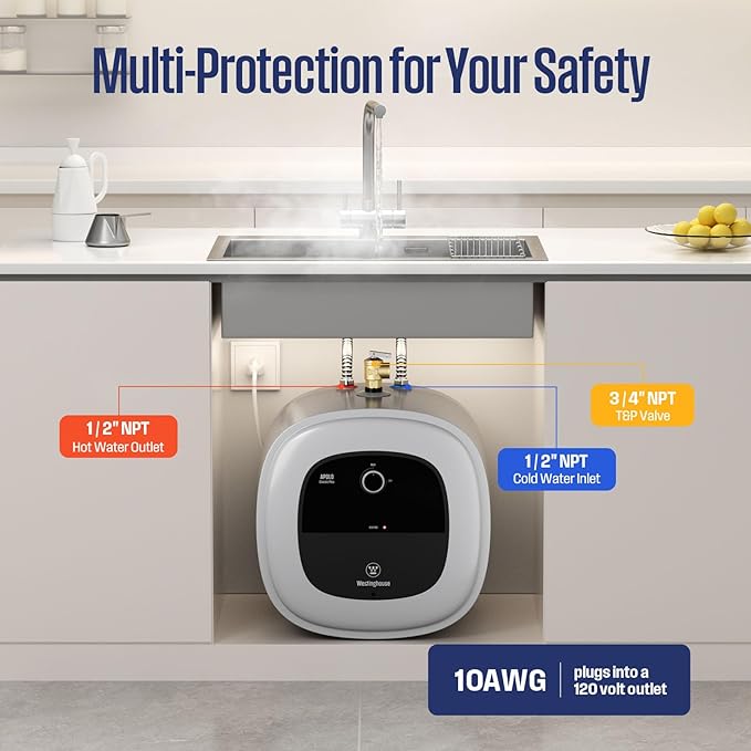 Westinghouse 8 Gallon Electric Mini Tank Water Heater, 120V, 1440W Instant Hot Water for Point of Use, Compact Under Sink & RV Design, Easy Wall/Floor Mount, UL Listed (Gray)