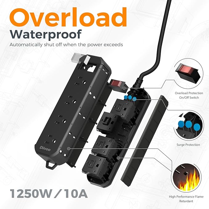 Outdoor Power Strip Weatherproof, 50 FT Extension Cord, Diivoo Waterproof Surge Protector with 4 Outlets, 1250W Shockproof Overload Protection, Flat Plug, Wall Mountable, Black