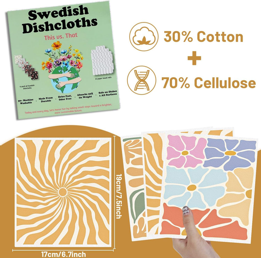 Boho Floral Swedish Dishcloths for Kitchen, 6PCS Retro Groovy Swedish Dish Cloths Gift Set, Reusable Absorbent Cellulose Sponge Dish Towel for Home Cleaning(7.8 X 7 Inches)