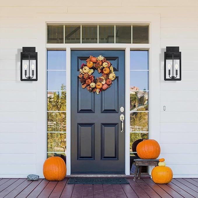 15.5" Black Outdoor Wall Lantern 2-Light, Outdoor Light Fixtures Modern Wall Sconces, Industrial Porch Light Large Outside Lights for House with E12 Sockets, Exterior Lamp Lighting, 1 Pack