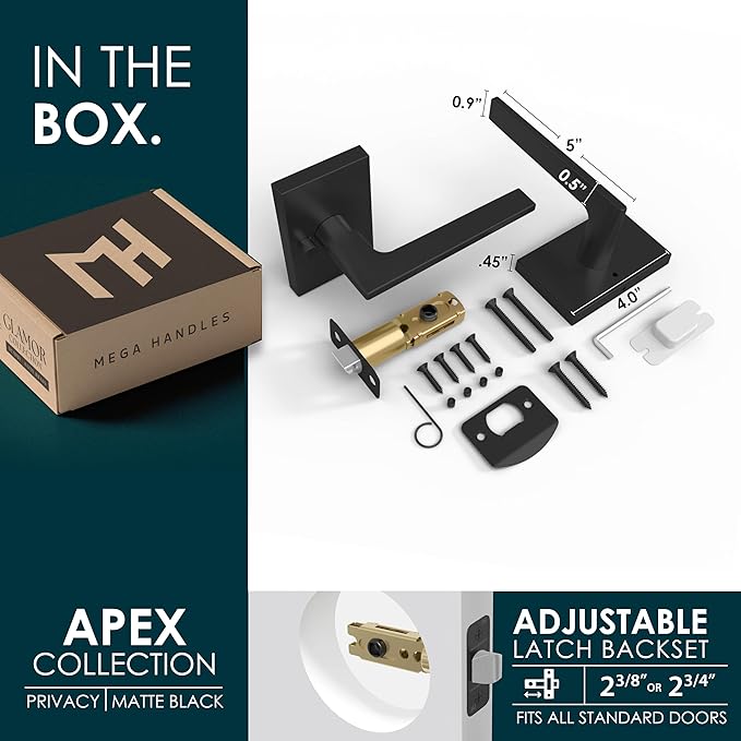 Mega Handles Apex Privacy Door Handle - 1 Pack Reversible Interior Black Door Handle, Heavy Duty Bed & Bath Door Handles with Privacy Door Lock, Fits All Standard Doors - Matte Black