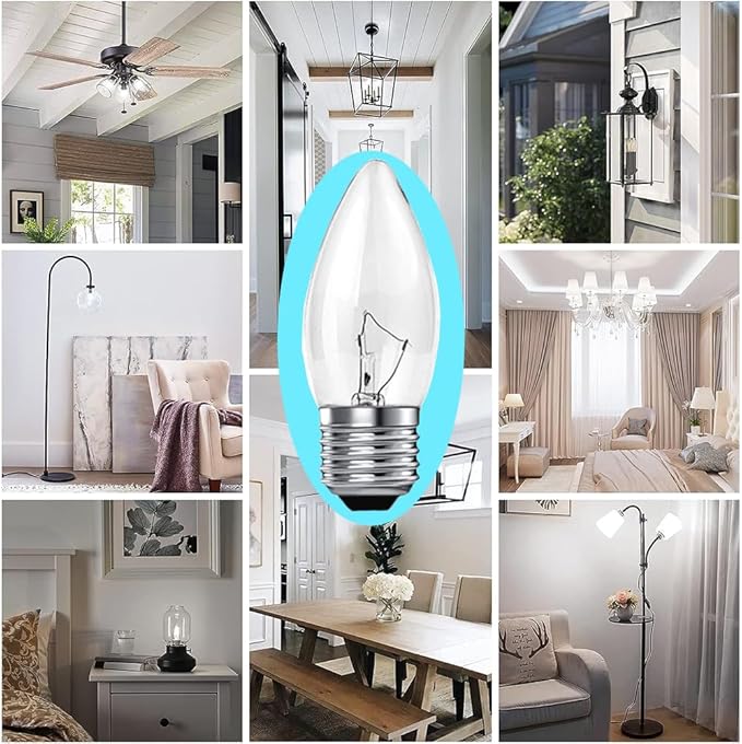 SCOMX 40W Incandescent Torpedo Tip Chandelier, Chandelier Bulbs 40 watt,Clear Dimmable Light Bulbs,Light Bulbs 40 watt, Medium E26 Candelabra Base,Torpedo Transparent Light Bulbs for Chandeliers