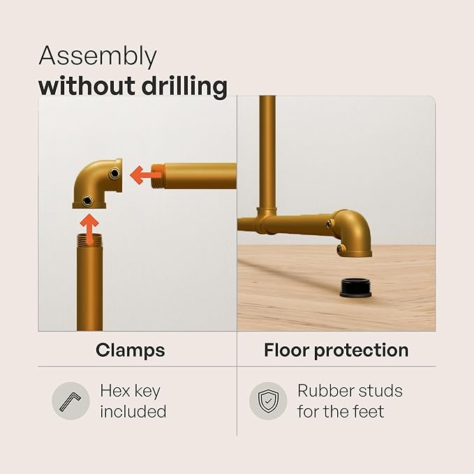 pamo Gold Clothing Rack – 114.17" W x 76.38" H – Industrial Pipe Metal Garment Organizer for Bedroom or Retail – Heavy-Duty Clothes Rack – Easy Assembly