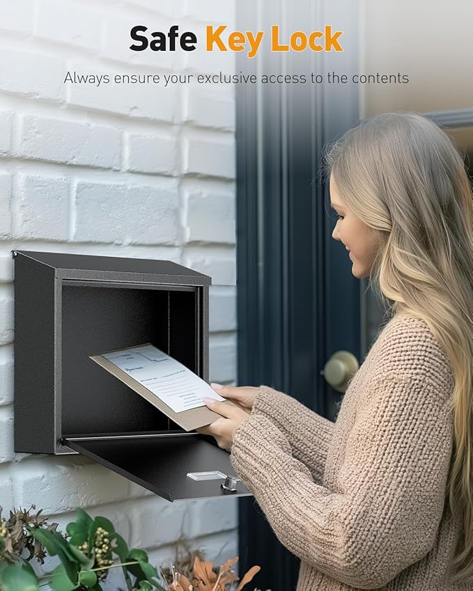 Uniclife Wall Mount Mailbox for Outside, Large Locking Mailbox with Key Lock, Security Mail Box, Postbox for House, Safe Key Drop Case, Steel Cash Drop Case for Home Office School, Black