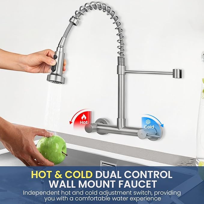 Wall Mount Kitchen Sink Faucet, 8 Inch Center Wall Mount Kitchen Faucets with 3-Function Pull Down Sprayer, Dual Handles Commercial Faucet for Kitchen Laundry Restaurant (Brushed Nickel)