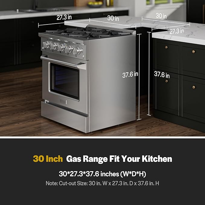 Empava Gas Range,Convection Oven 4.2 Cu. Ft with 4 Deep Recessed Burners Cooktop, Heavy Duty Continuous Grates in Stainless Steel for Kitchen, Restaurant.Freestanding & Slide-In,30 Inch