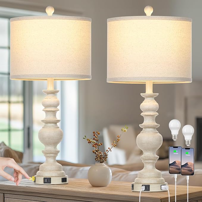 27.5" Farmhouse Table Lamps Set of 2, Rustic Living Room Lamps with USB C+A Ports & AC Outlet, Vintage Bedside Lamps with Linen Shade, Tradition Bedroom Lamps for Nightstand Side End Table Desk, Beige