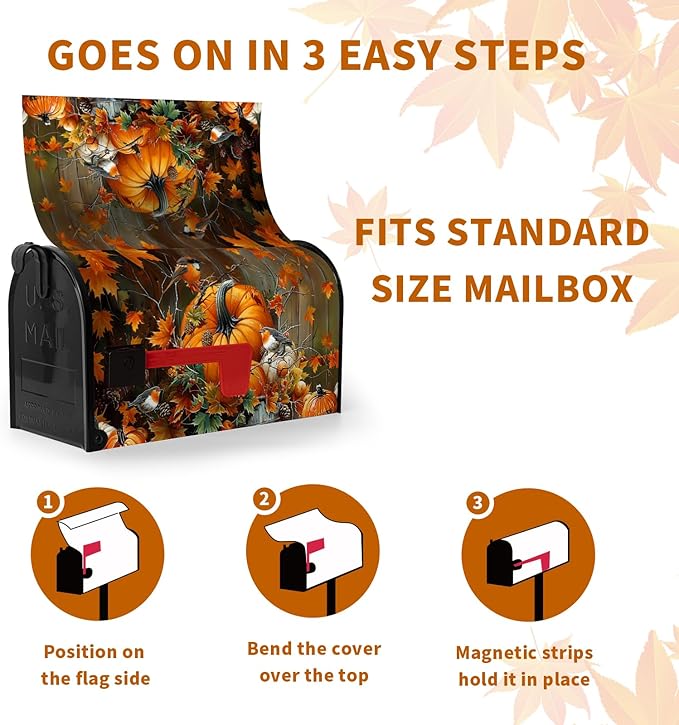 Fall Pumpkin Mailbox Covers Magnetic Standard Size 21x18 Inch Autumn Maple Leaves Birds Mail Box Cover Seasonal Farmhouse Post Letter Box Wraps for Outdoor Garden Decor