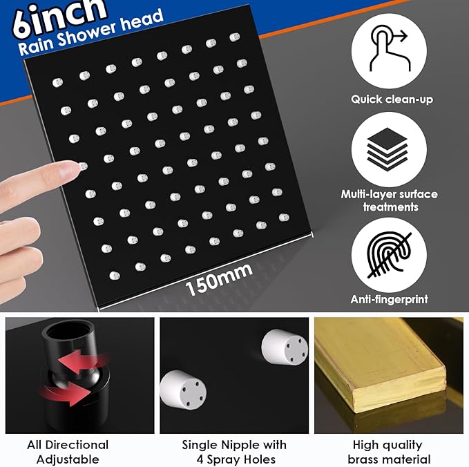 Enga 10 Inch + Dual 6-Inch Rain Shower System, Four Modes Diverter Shower Faucet with Handheld, Luxury Rain Mixer Shower Combo Set, Matte Black