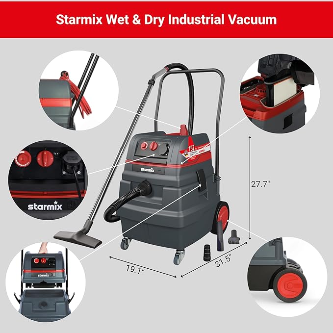 Starmix 1650 "Powerhouse XL 13.2 Gallons/50 L, High Performance Multi-Use Portable Dust Extractor - Wet/Dry - Auto Self-Clean Filter System - HEPA Certified, 103761