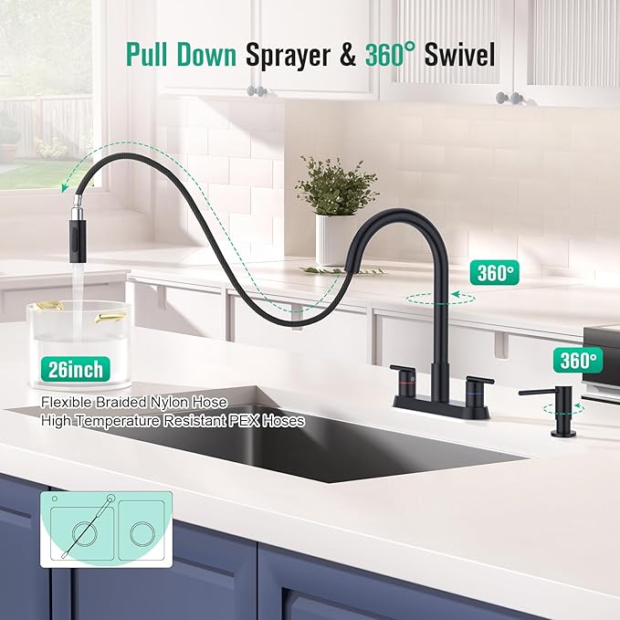 CREA Black Kitchen Faucets with Pull Down Sprayer and Soap Dispenser,Two Handles 8-Inch 4 Holes Bar Sink Faucet for RV Laundry Camper Utility Sink Brushed Nickel Stainless Steel