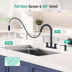 CREA Black Kitchen Faucets with Pull Down Sprayer and Soap Dispenser,Two Handles 8-Inch 4 Holes Bar Sink Faucet for RV Laundry Camper Utility Sink Brushed Nickel Stainless Steel