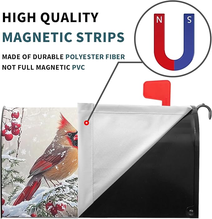Kawani Winter Mailbox Cover Christmas Birds Holly Berry Branches Snow Mailbox Covers Magnetic Standard Size 25.5x21 Inch Winter Xmas Holiday Post Letter Box Cover for Garden Yard Decor