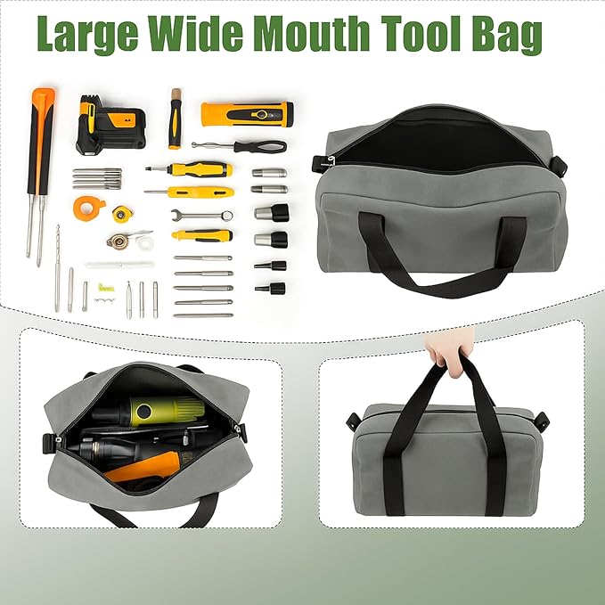 Small Tool Bag,Close Top Wide Mouth Tool Organizer Bag,Large Capacity Tool Bags for Men,Canvas Tool Storage Bag for Storage Handbag for Screwdrivers,Wrench,Pliers Hand Tools (Gray, 16 Inch)