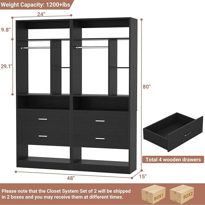 4FT Closet System with 4 Wood Drawers, 48" Closet Organizer System with 10+ Small Shelves & 2 Hanging Rods, Walk-in/Nursery Closet Systems, Set of 2, Black (48" L x 15" W x 80" H)