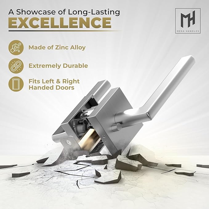 Mega Handles Prime Privacy Door Handle - 3 Pack Reversible Brushed Nickel Door Handles, Heavy Duty Bed & Bath Door Handles with Privacy Door Lock, Fits All Standard Doors - Satin Nickel