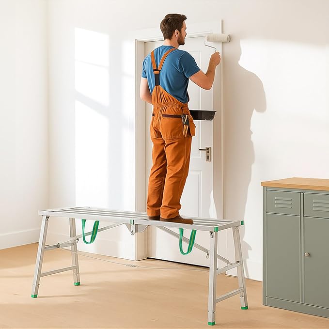 Zonon 63" L x 11.8" W x 32" to 51" H Folding Work Platform Portable Scaffolding Step Stool 4 Height Adjustment 800 Lbs Load Capacity Non Slip Work Platform Ladder for Home Drywall Cleaning Painting