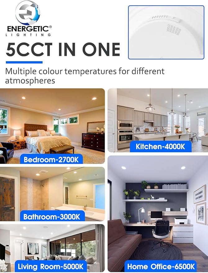 Energetic 24 Pack 5/6 Inch 5CCT Retrofit Recessed Ceiling Lighting, LED Can Lights, Dimmable Downlight, 12.5W, Equivalent 100W, 2700K/3000K/4000K/5000K/6500K Selectable, Damp Rated, Baffle Trim, ETL